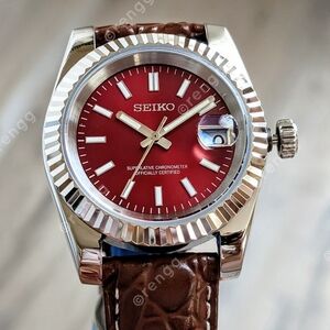 Seiko Red Dial Stainless Watch with Brown Leather Strap
